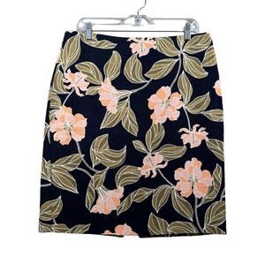 Ann Taylor Factory 10 Floral‎ Pencil Skirt Cotton Linen Blend Navy Spring Work